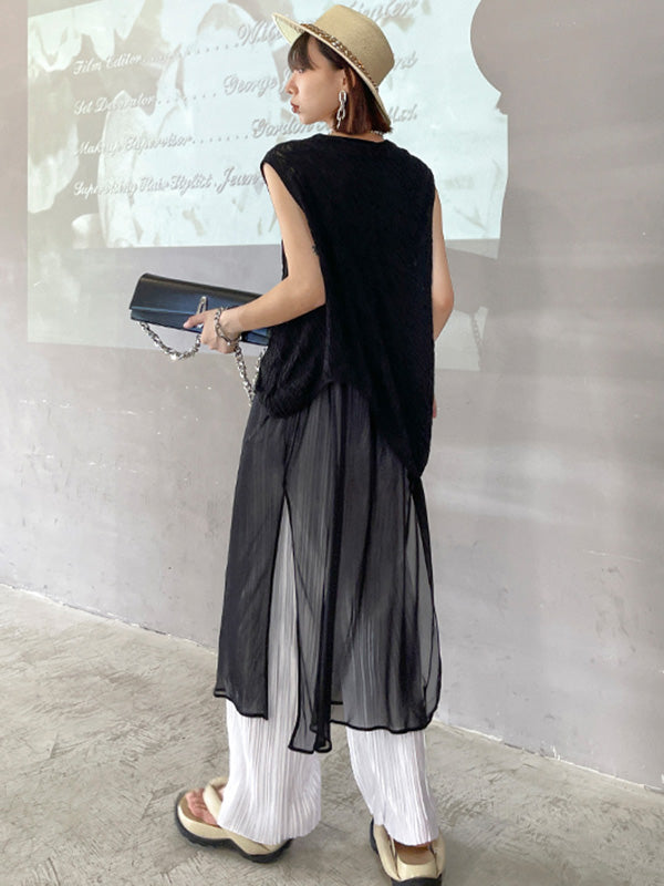 Stylish Asymmetric Hollow Split-Joint See-Through Round-Neck Vest