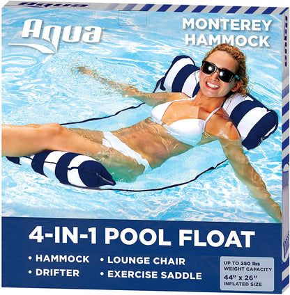 4-in-1 Monterey Hammock Inflatable Pool Float, Multi-Purpose Pool Hammock (Saddle, Lounge Chair, Hammock, Drifter) Pool Chair, Portable Water Hammock, Navy/White Stripe