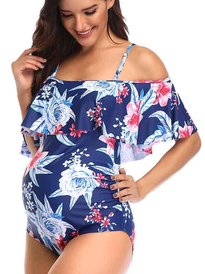 Cold Shoulder Floral Flounce Maternity One Piece Swimsuit