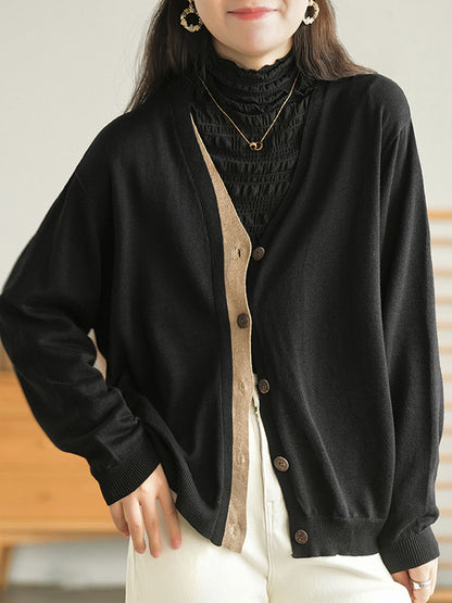 Simple Contrast Color Long Sleeves Cardigan Top