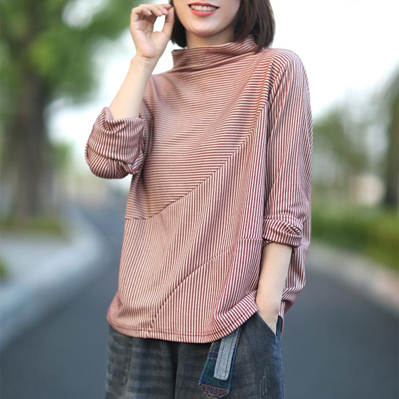Buykud Long Sleeve Half Turtleneck Striped Blouse