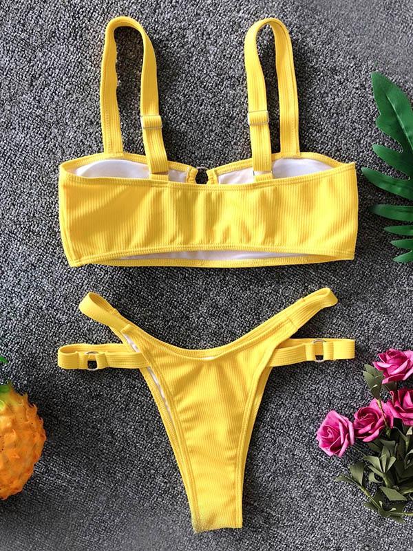 Solid Color Hollow Bandage Split Bikini Swimsuit