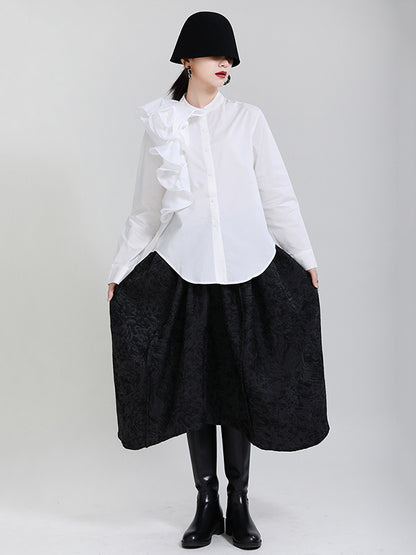 Stylish Falbala Split-Joint Solid Color Buttoned Stand Collar Long Sleeves Blouse