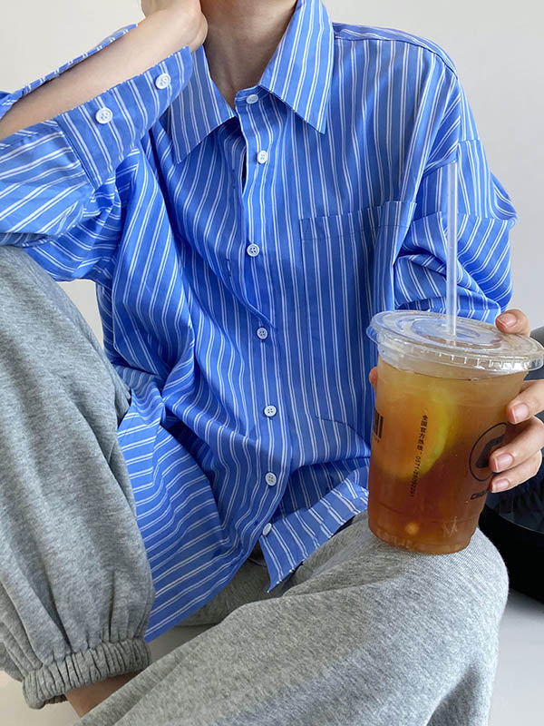 Chic Simple Striped Buttoned Split-Joint With Pocket Lapel Collar Long Sleeves Blouse