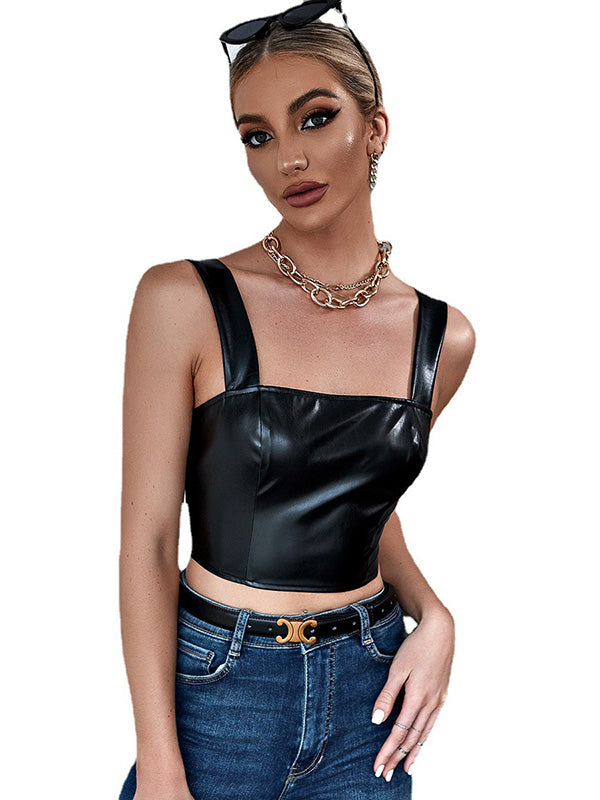 Wrap Spaghetti-Neck Back Zipper Leather Vest