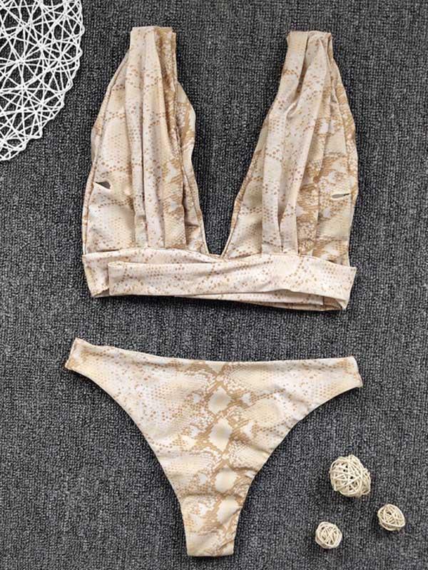 Snake-Print Bandage Split Bikini Swimsuit