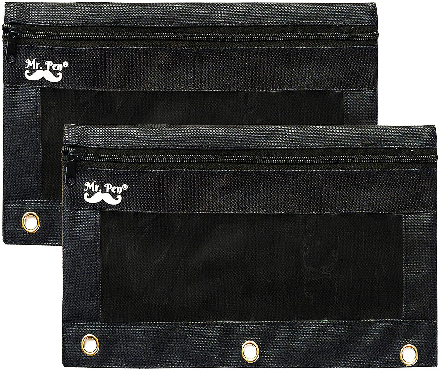 Mr. Pen Fabric Pencil Pouch with 3 Binder Holes, Black, Set of 2
