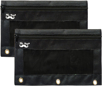 Mr. Pen Fabric Pencil Pouch with 3 Binder Holes, Black, Set of 2