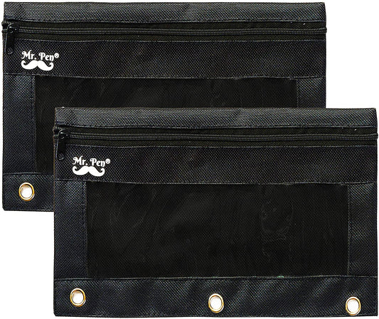 Mr. Pen Fabric Pencil Pouch with 3 Binder Holes, Black, Set of 2