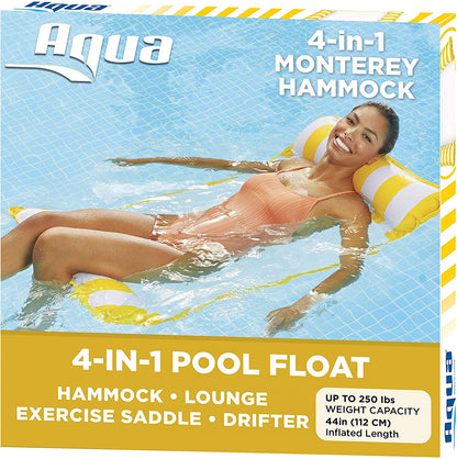 4-in-1 Monterey Hammock Inflatable Pool Float, Multi-Purpose Pool Hammock (Saddle, Lounge Chair, Hammock, Drifter) Pool Chair, Portable Water Hammock, Navy/White Stripe