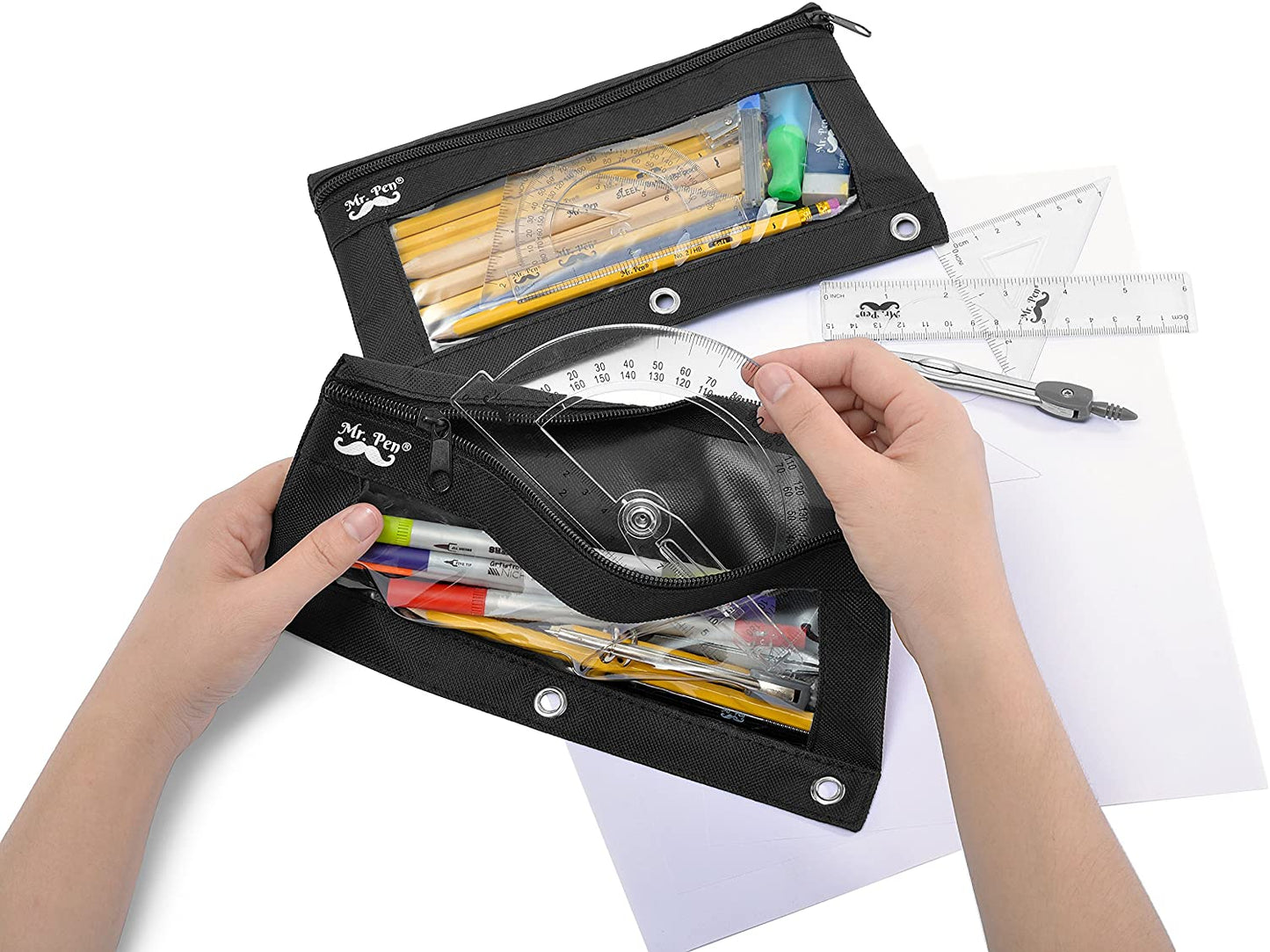 Mr. Pen Fabric Pencil Pouch with 3 Binder Holes, Black, Set of 2