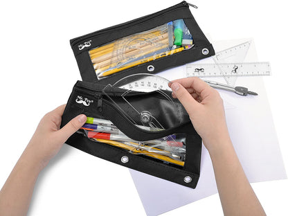 Mr. Pen Fabric Pencil Pouch with 3 Binder Holes, Black, Set of 2
