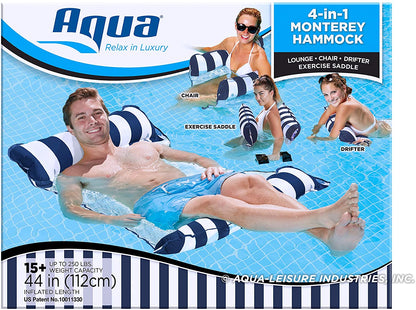 4-in-1 Monterey Hammock Inflatable Pool Float, Multi-Purpose Pool Hammock (Saddle, Lounge Chair, Hammock, Drifter) Pool Chair, Portable Water Hammock, Navy/White Stripe