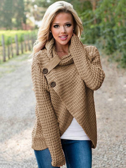 Solid Color Fashion High-neck Button Sweater Tops