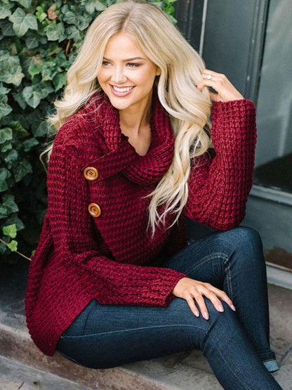 Solid Color Fashion High-neck Button Sweater Tops