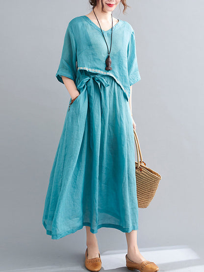 Artistic Retro Solid Color Split-Joint Pleated Tied Embroidered Half Sleeves V-Neck Midi Dress