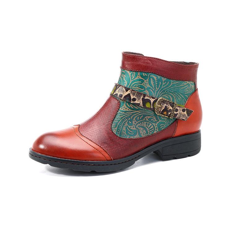 Plant Textured Leather Craft Flat Casual Booties