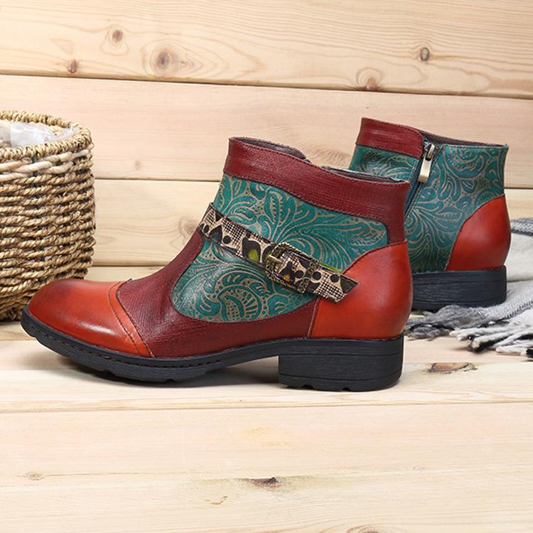 Plant Textured Leather Craft Flat Casual Booties