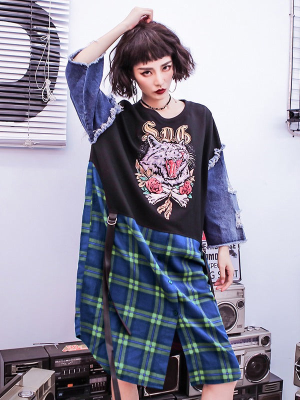 Stylish Jean Splicing Hip-Hop Printed Plaid False Two Dress