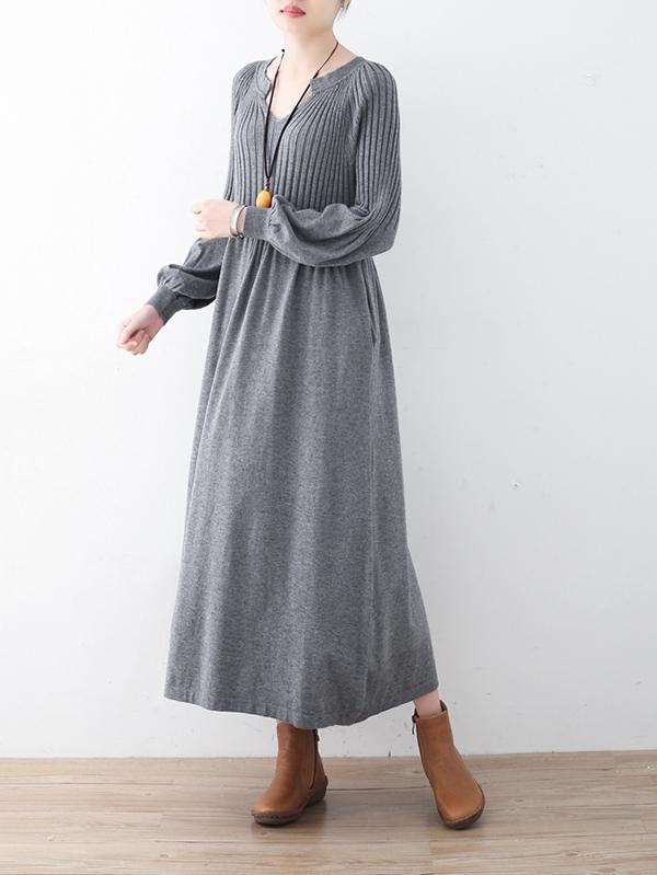 Solid Puff Sleeves Elastic Waist Sweater V-Neck Dress