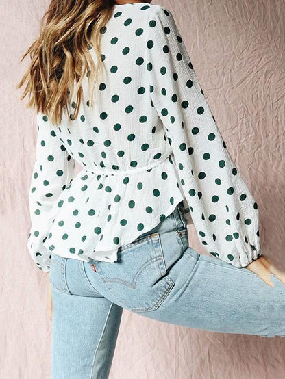 Polka Dot Falbala Puff Sleeves Blouses&Shirts Top