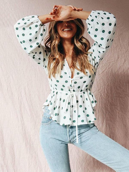 Polka Dot Falbala Puff Sleeves Blouses&Shirts Top