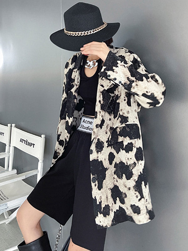Stylish Original Printed Buttoned Split-Joint With Pocket Notched Collar Long Sleeves Blazer Outwear