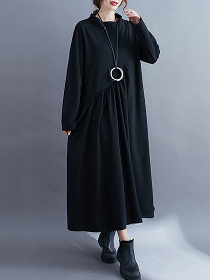 Simple Solid Color Asymmetric Split-Joint Long Sleeve Midi Dress