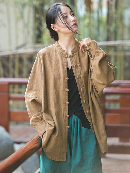 Original Artistic Retro Loose Solid Color Ramie Cotton Blouse Outwear