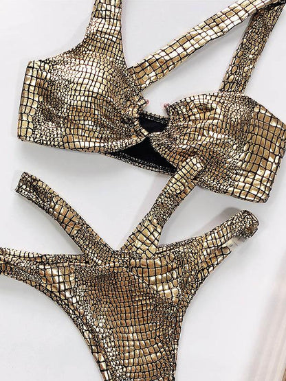 Snake-Print Asymmetric Split Bikini Swimsuit