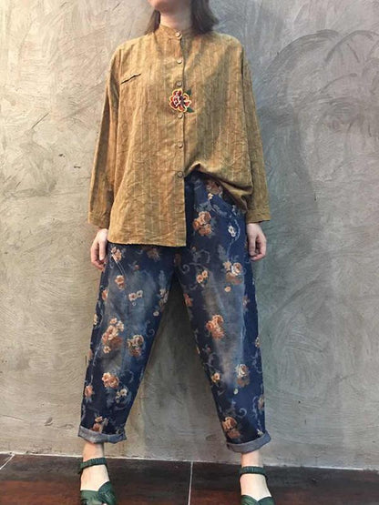 Vintage Denim Floral Harem Pants