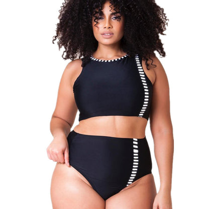 big size fat woman black and white flat color high waist BIKINI SWIMSUIT