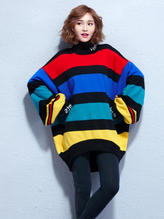 Loose Colorful Striped Batwing Sleeves Sweater
