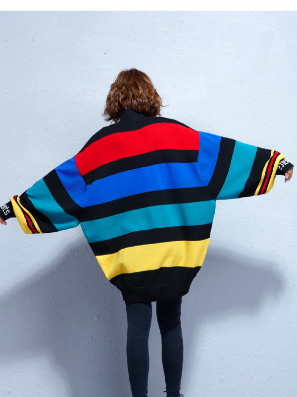 Loose Colorful Striped Batwing Sleeves Sweater