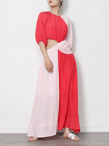 Stylish Contrast Color Split-Joint Round-Neck Raglan Sleeve Maxi Dress