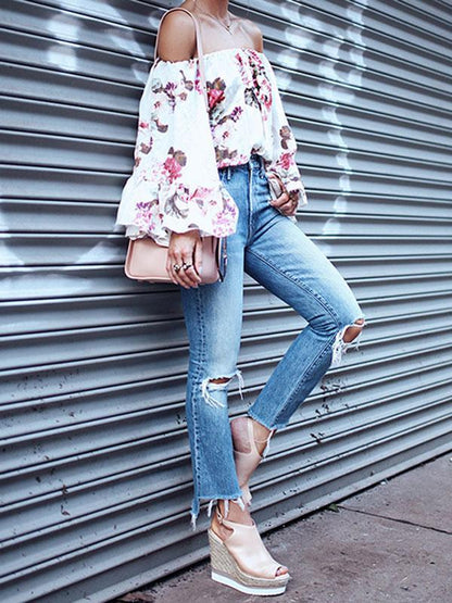 Off-the-shoulder Floral Flared Sleeves Loose Blouses&shirts Tops