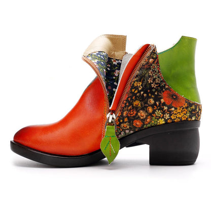 plant print ladies leather comfortable boots