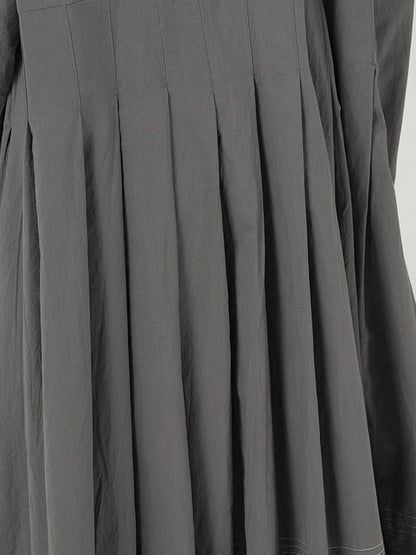 Casual Solid Color Buttoned Pleated Lapel Collar Long Sleeves Midi Dress