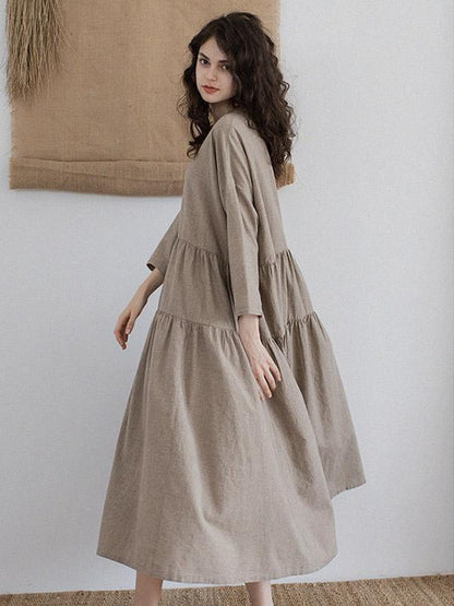 Vintage Split-joint Ruffled Lapel Long Linen Dress