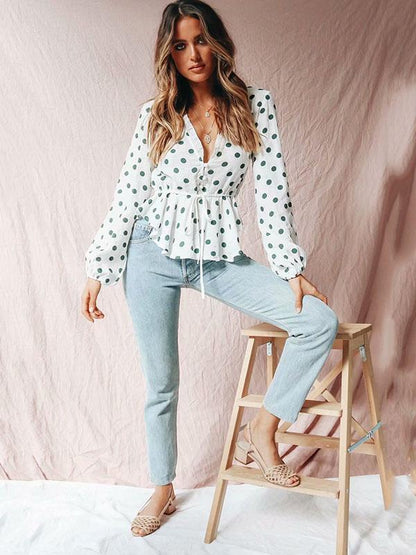 Polka Dot Falbala Puff Sleeves Blouses&Shirts Top