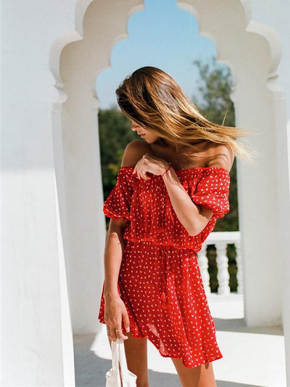 Fashion Floral Printed Off-the-shoulder Short Sleeves Mini Dress