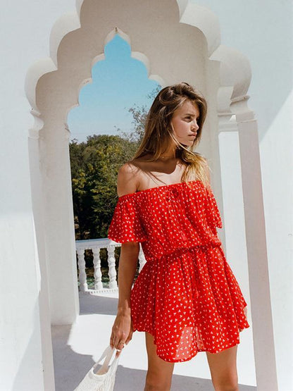 Fashion Floral Printed Off-the-shoulder Short Sleeves Mini Dress