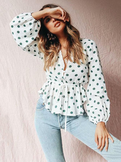 Polka Dot Falbala Puff Sleeves Blouses&Shirts Top
