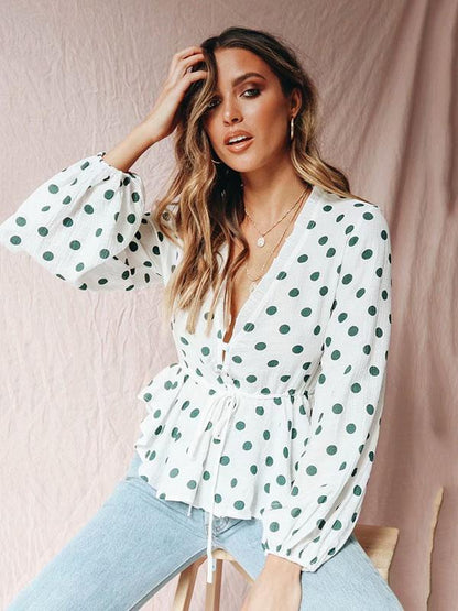 Polka Dot Falbala Puff Sleeves Blouses&Shirts Top
