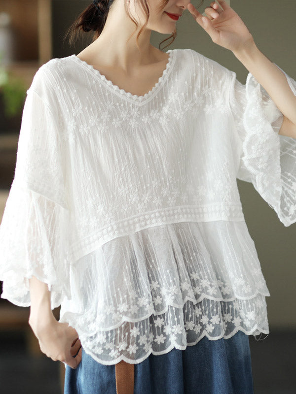 Original Embroidered Split-Joint Hollow T-Shirts Tops