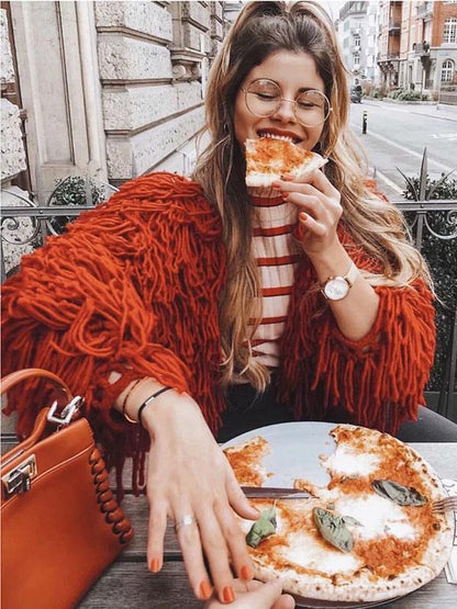 Knitting Solid Color Hollow Tasseled Long Sleeve Tops