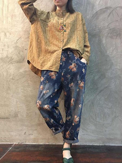 Vintage Denim Floral Harem Pants