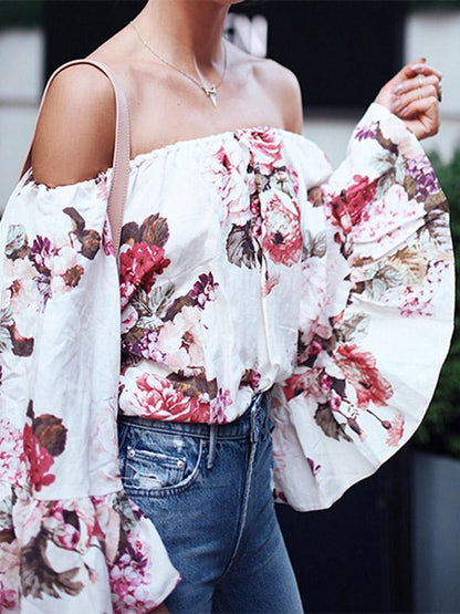 Off-the-shoulder Floral Flared Sleeves Loose Blouses&shirts Tops