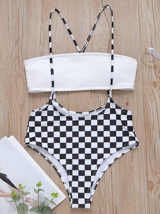 Plaid Strapless Lace-up Bikini Swimsuit