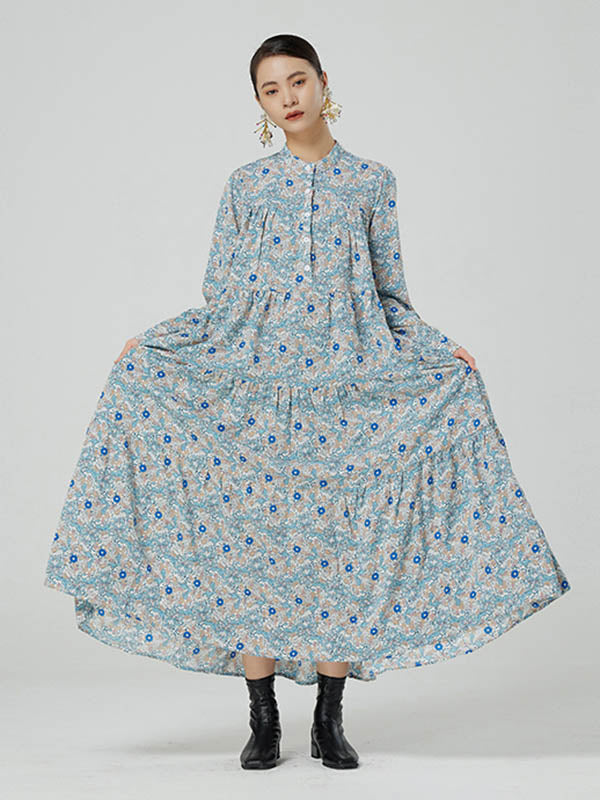 Original Buttoned Floral Printed Stand Collar Long Sleeves Loose Midi Dress